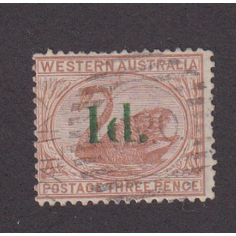 (PM1038) WESTERN AUSTRALIA · 1885: lightly used 3d pale brown Swan (Crown/CC wmk) optd '1d' in green SG 92 · a couple of shortish perfs o/wise in nice condition · c.v. £80 (2 images)