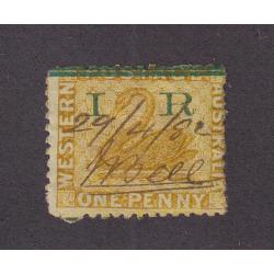 (PM1039) WESTERN AUSTRALIA · 1881: used 1d bistre Swan (sideways Crown/CC wmk · perf.12½) with two bar I.R. overprint · Elsmore online c.v. AU$150 · rough perfs on RH side · blind perf near SW corner · presents well. (2 images)