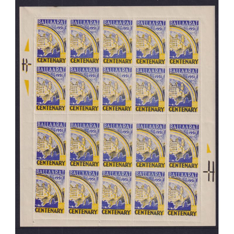 (PM1050L) VICTORIA · 1951: previously unmounted sheetlet of BALLAARAT CENTENARY poster stamps · some offsets and a couple of minor gum disturbances from "sheetlet underneath" however the overall condition is excellent to fine (2 images)