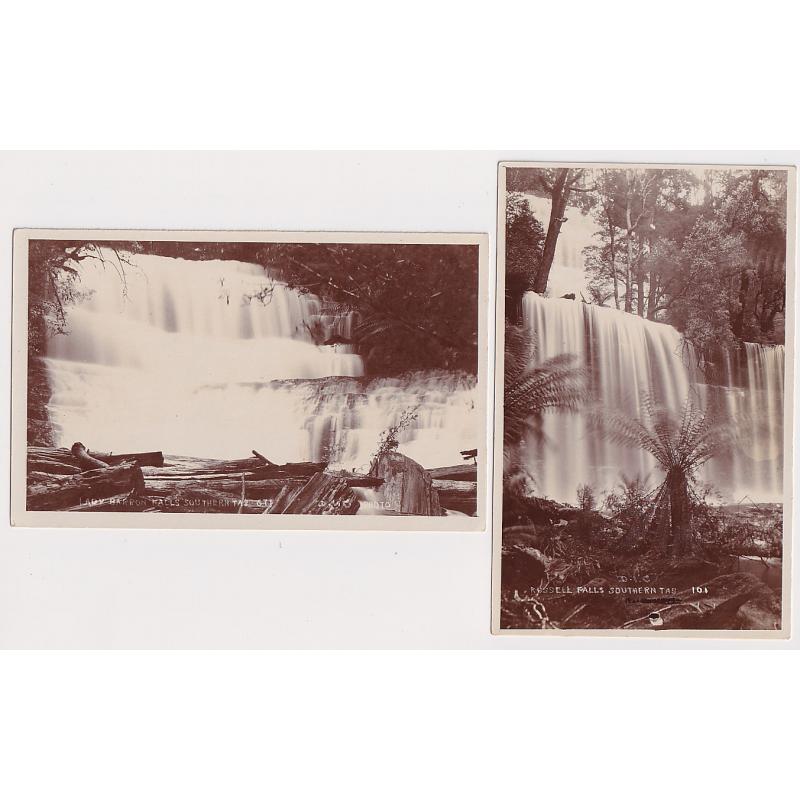 (PM1053) TASMANIA · 1920s: two unused real photo cards by D.I.C. with views of RUSSELL and LADY BARRON FALLS at National Park · both cards are in excellent to fine condition (2)