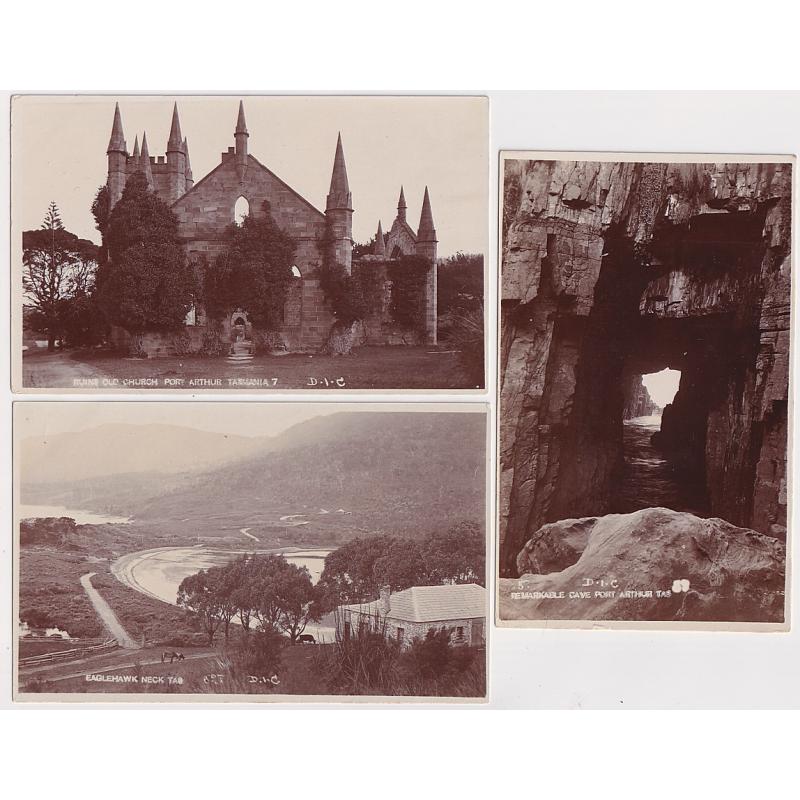 (PM1057) TASMANIA · 1920s: three unused real photo cards by D.I.C. with TASMAN PENINSULA views including the REMARKABLE CAVE · excellent to fine condition throughout (3)