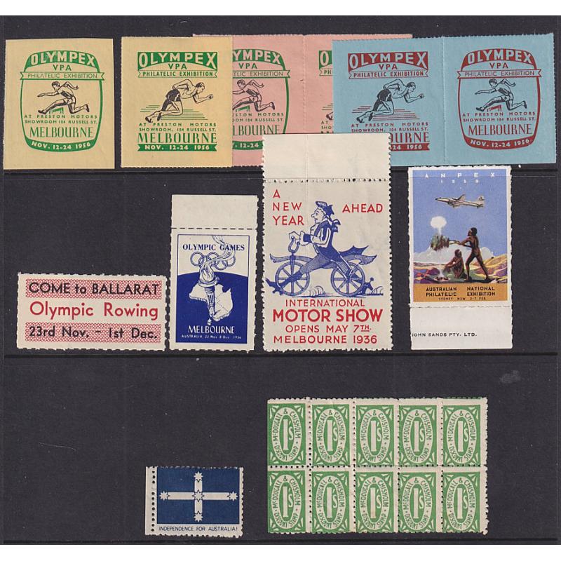 (PM1059) AUSTRALIA · selection of poster stamps and other cinderellas · includes "better" · some minor imperfections but overall its a clean, interesting lot ..... see largest image (10 items)