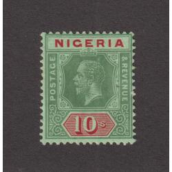 (PR1021) NIGERIA · 1920: mint 10/- green & red on emerald (pale olive back) KGV defin SG 11c · clean hinge remanants · fine appearance with excellent gum · c.v. £160 (2 images)