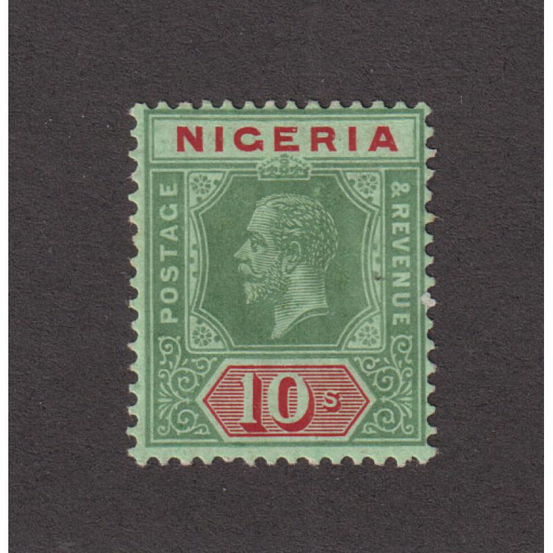 (PR1021) NIGERIA · 1920: mint 10/- green & red on emerald (pale olive back) KGV defin SG 11c · clean hinge remanants · fine appearance with excellent gum · c.v. £160 (2 images)