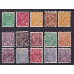 (PR1029) AUSTRALIA · 1914/24: assembly of mint KGV defins (all Single Wmk) · some imperfections so please view both largest images · total c.v. £290 · 15 stamps (2 images)