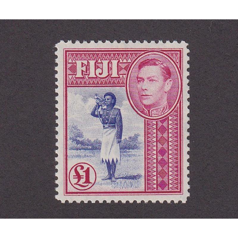 (PR1035) FIJI · 1950: fresh mint £1 blue & carmine KGVI pictorial definitive SG 266b · fine condition · c.v. £55 (2 images)