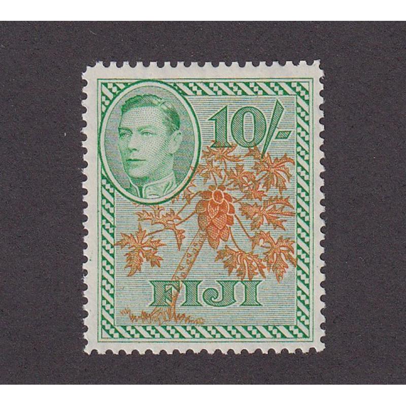 (PR1036) FIJI · 1950: mint 10/- orange & emerald KGVI pictorial definitive SG 266a · clean hinge remnant and in excellent condition · c.v. £45 (2 images)