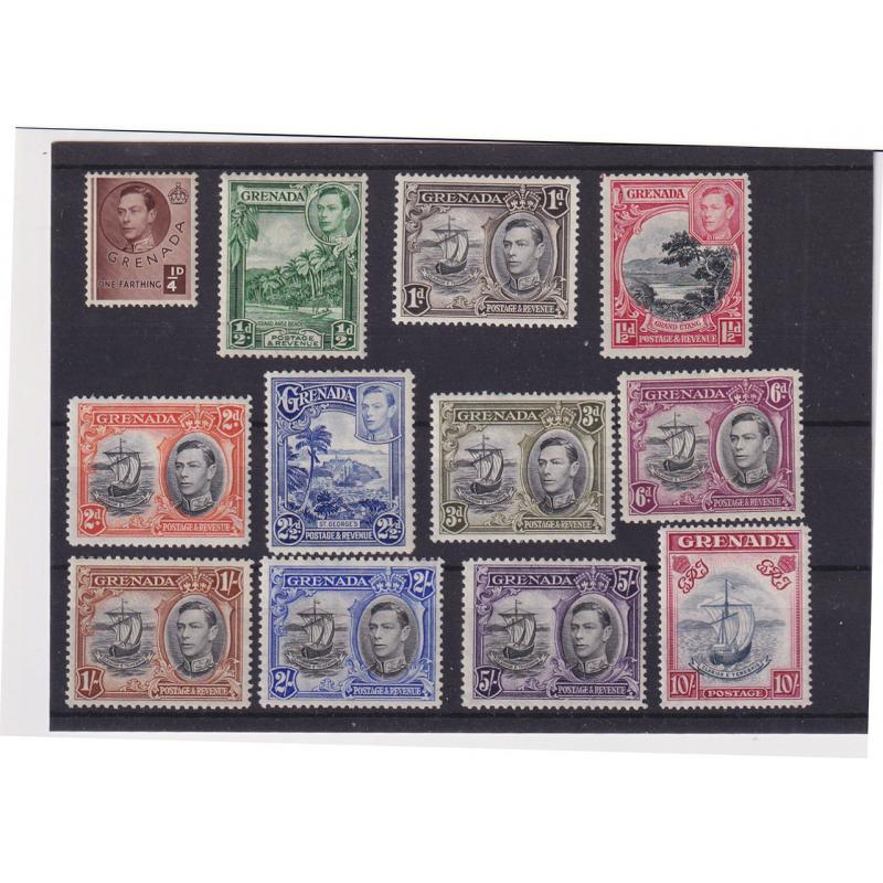 (PR1044) GRENADA · 1937/50: simplified KGVI pictorial definitive set · all values present but mixed printings · SG 152/163c · excellent condition throughout · total c.v. approx. £80 · 12 stamps (2 images)