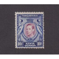 (PR1046) KENYA UGANDA & TANGANYIKA · 1938: mint 10/- purple & blue KGVI pictorial definitive perf.13.25 SG 149 in excellent condition front/reverse · c.v. £190 (2 images)