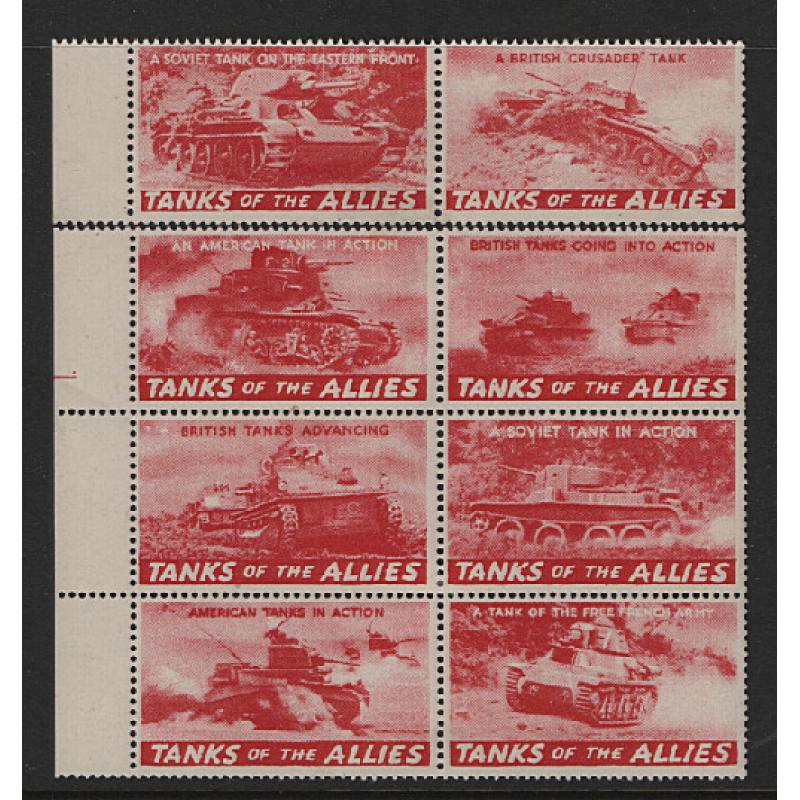 (PR1730) GREAT BRITAIN · 1940s: "Tanks of the Allies" and "Britain's Royal Navy" propaganda cinderellas · 8 different of each in multiples · some hinge remnants · 16 items in excellent to fine condition