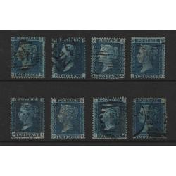 (PR1733) GREAT BRITAIN · 1858/76: 8x used 2d blue QV S/face SG 45 & 47 · Plates 8 (2), 9, 12, 13(2), 14 & 15 · mixed condition so please view both largest images · total c.v. £180 (2 images)