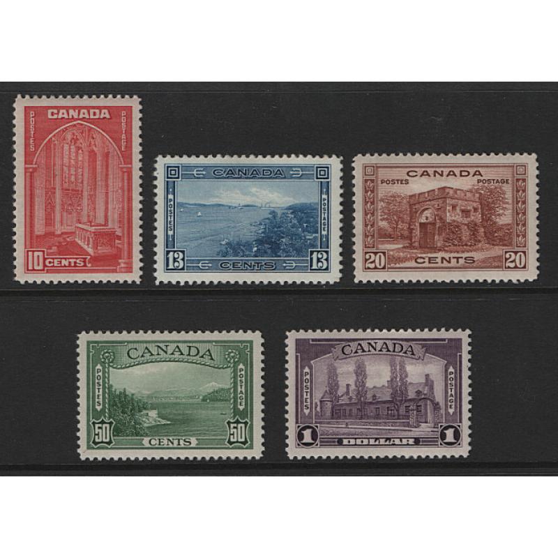 (PR1747) CANADA · 1938: mint pictorial definitives · the higher values from 10c to $1 SG 363/367 · all in excellent condition front/reverse · total c.v. £182 · 5 stamps (2 images)