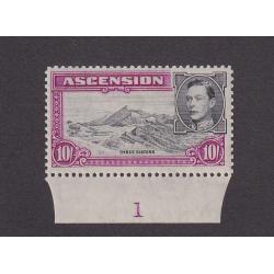 (PR1750) ASCENSION · 1944: mint 10/- black & bright purple KGVI pictorial defin perf.13 SG 47b with Plate Number '1' on selvedge · acceptable gum condition for this issue · c.v. £55 (2 images)