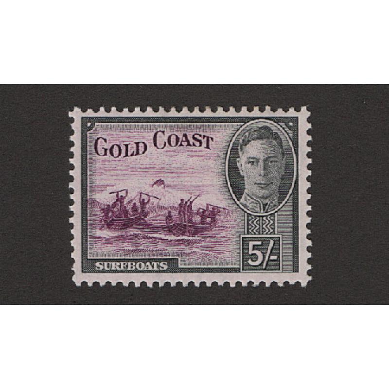 (PR1754) GOLD COAST · mint 5/- purple & black KGVI pictorial definitive SG 145 · some clean hinge remnants · c.v. £48 (2 images)