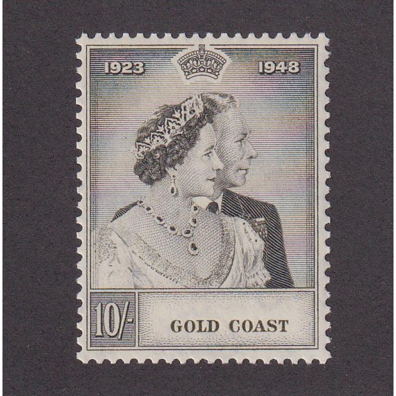 (PR1755) GOLD COAST · 1948: fresh mint 10/-grey-olive KGVI S/Wedding SG 148 in excellent condition · c.v. £38 (2 images)