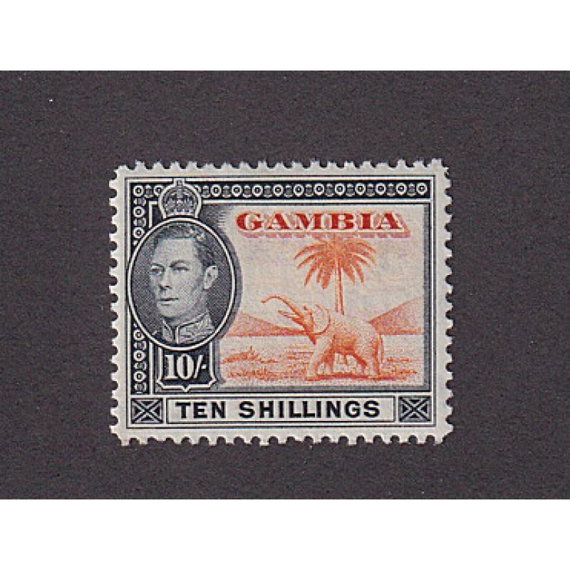 (PR1758) GAMBIA · 1938: fresh mint 10/- orange & black KGVI pictorial definitive SG 161 in excellent condition front/back · c.v. £50 (2 images)