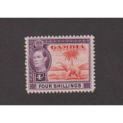 (PR1760) GAMBIA · 1938: fresh mint 4/- vermilion & purple KGVI pictorial definitive SG 159 in excellent condition front/back · c.v. £42 (2 images)