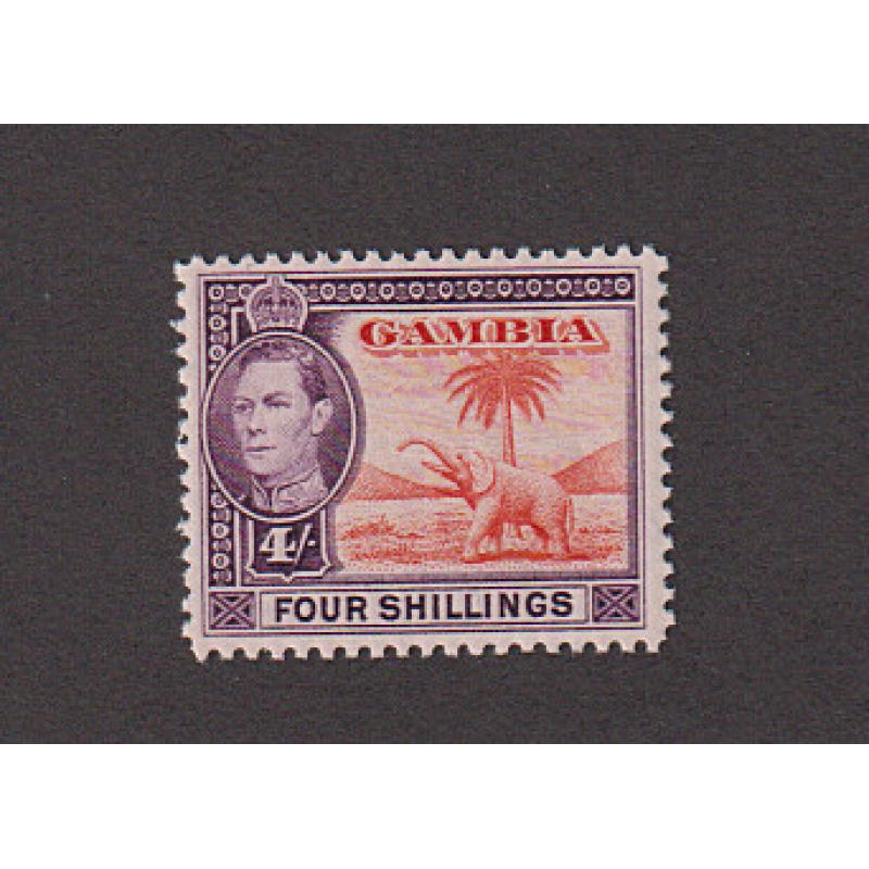 (PR1760) GAMBIA · 1938: fresh mint 4/- vermilion & purple KGVI pictorial definitive SG 159 in excellent condition front/back · c.v. £42 (2 images)