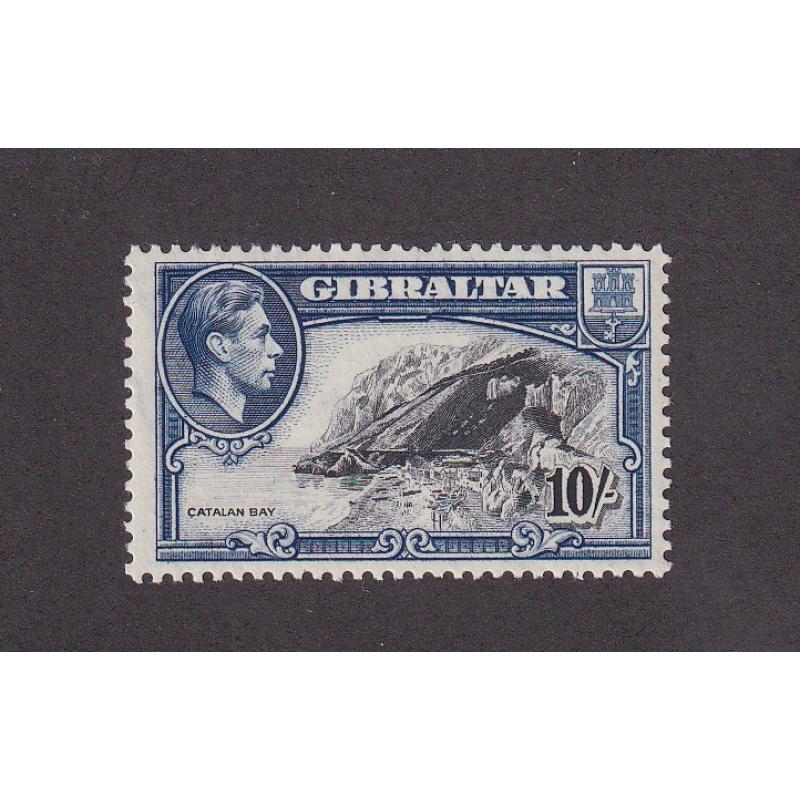 (PR1762) GIBRALTAR · 1943: fresh MLH 10/- black & blue KGVI pictorial definitive perf.13 SG 130a · excellent condition front/reverse · c.v. £45 (2 images)