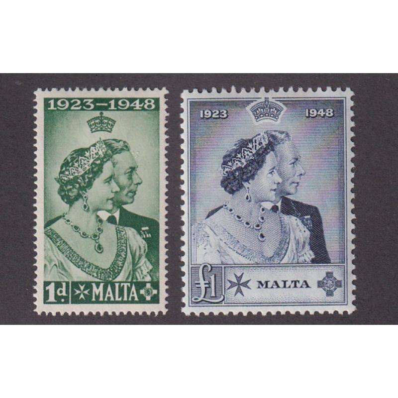 (PR1765) MALTA · 1949: mint KGVI S/Wedding duo SG 249/250 in excellent condition · c.v. £35 (2 images)