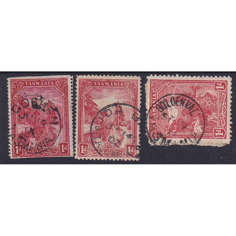 (PU1004) TASMANIA · 1901/11: 3 'second choice' strikes on 1d Pictorials of the GOSHEN, IDA BAY and GOLDEN VALLEY Type 1 cds rated RR+(12), RRR-(13) and RR(11) respectively (3)