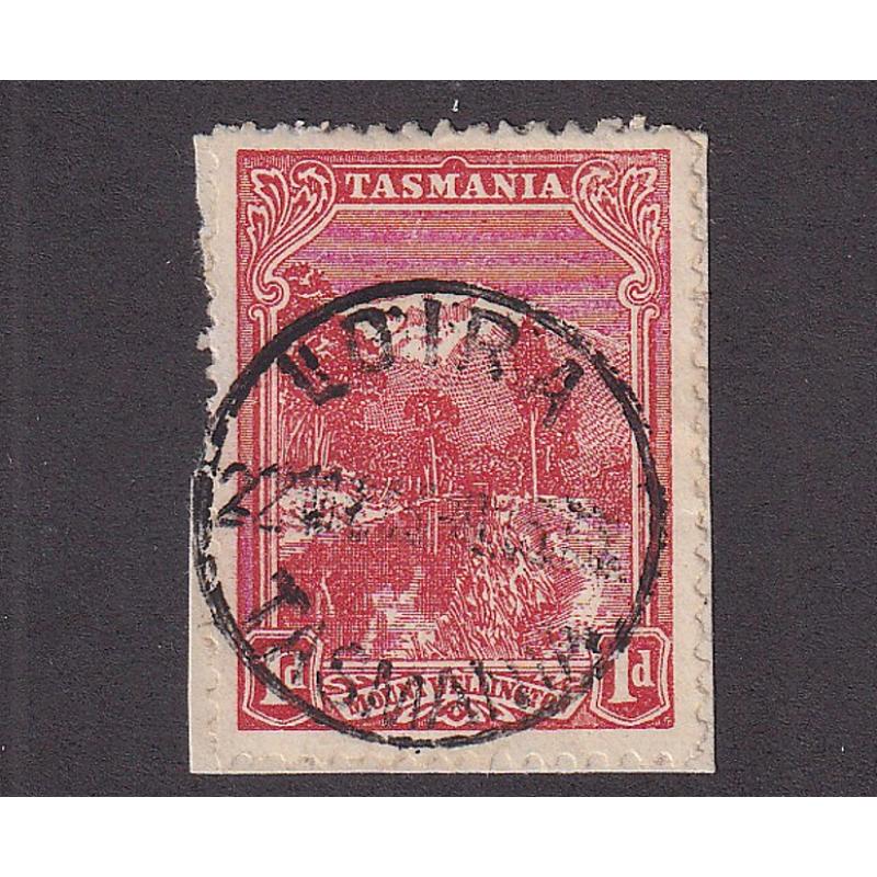 (PU1006) TASMANIA · 1913: a full strike of the LOIRA Type 3 cds tying a 1d Pictorial to tiny piece · postmark is rated RR+(12) if stamp used before April 1st 1913 · 'month' not discernible in dateline