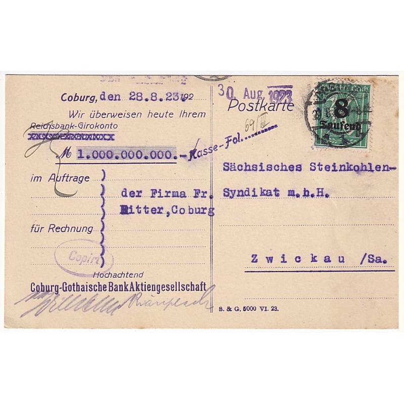 (QQ10013) GERMANY · 1923 (Aug 30th): bank advice postcard with single 8,000M surcharged franking · $5 STARTER!!