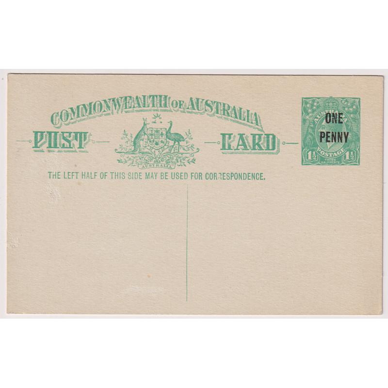 (RA1018) AUSTRALIA · 1923: unused ONE PENNY on 1½d emerald green KGV postal card BW P59 in exellent to fine condition front & back · c.v. AU$750