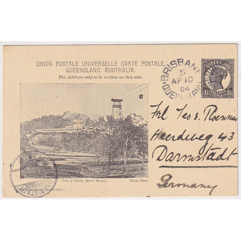 (RC1002) QUEENSLAND · 1904: postally used 1½d QV pictorial postal card addressed to Germany with VIEW OF WORKS, MOUNT MORGAN H&G #11 · excellent to fine condition