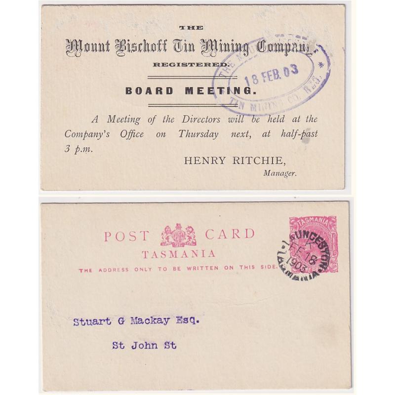 (RC1009) TASMANIA · 1903: 1d pink QV postal card privately optd with notice of a Board Meeting of THE MOUNT BISCHOFF TIN MINING COMPANY · fine condition