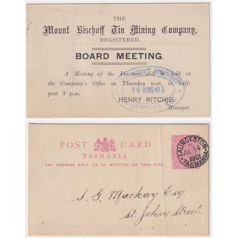 (RC1010) TASMANIA · 1901: 1d pink QV postal card privately optd with notice of a Board Meeting of THE MOUNT BISCHOFF TIN MINING COMPANY · vertical crease o/wise in excellent condition