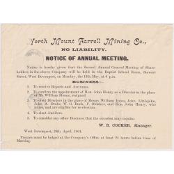 (RC1011) TASMANIA · 1901: Notice of Annual Meeting of the NORTH MOUNT FARRELL MINING Co. N.L. · folded and mailed at the Printed Matter rate with 1d Pictorial franking · excellent condition