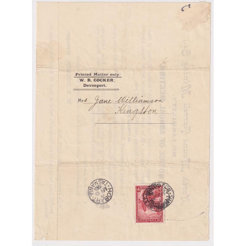 (RC1011) TASMANIA · 1901: Notice of Annual Meeting of the NORTH MOUNT FARRELL MINING Co. N.L. · folded and mailed at the Printed Matter rate with 1d Pictorial franking · excellent condition