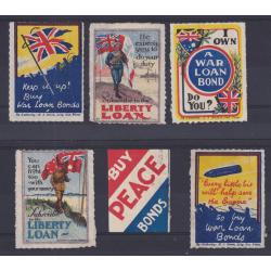 (RF1002) AUSTRALIA · six different WW I era patriotic poster stamps encouraging the purchase of WAR LOAN BONDS, etc. · mixed condition but appearance from business side is excellent to fine (2 images)