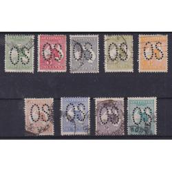 (RF1009) AUSTRALIA  · 1913: soundly used (or better) Roos to 1/- perf large 'OS' (no 2½d) SG O1/O3, O5/O10 · c.v. for FU approx. £250 · 9 stamps · 2 images)