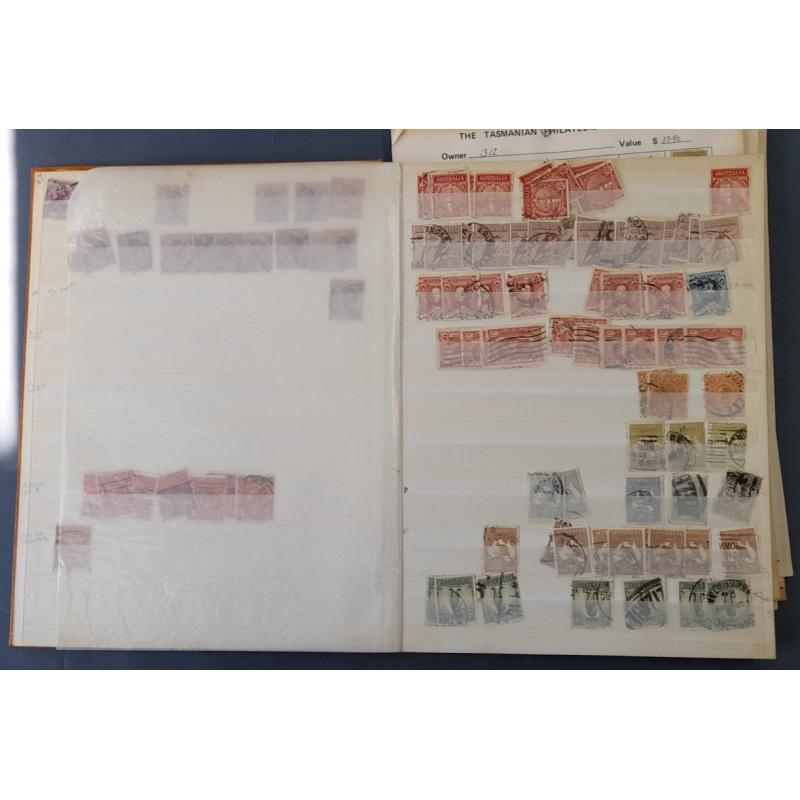 (RF1014A) AUSTRALIA · stockbook housing an accumulation of mainly pre-decimal oddments including some Roos/KGV ·also some Australian states and some overseas · also a handful of retired circuit sheets · mixed condition · many 100s (6 sample images)