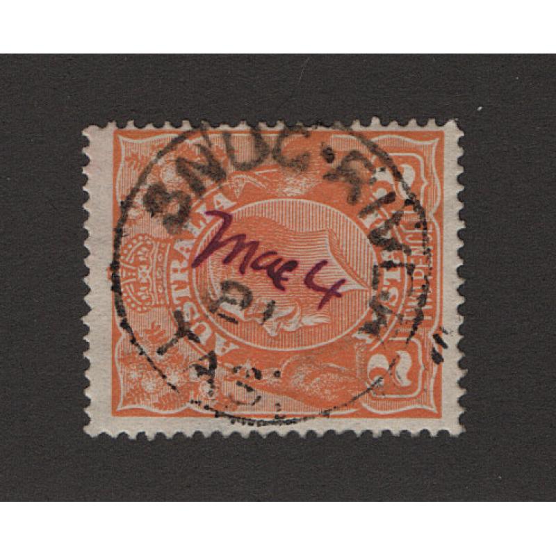 (RF1500) TASMANIA · 1921: 2d orange KGV defin with a central strike of the SNUG-RIVER Type 1a cds · the day and month have been added in red ink · $5 STARTER!!