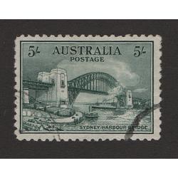 (RF1502) AUSTRALIA · 1932: used 5/- blue-green Sydney Harbour Bridge SG 143 · originally c.t.o. but gum remove and an additional "postmark" added · ideal for the collector "on a budget" · c.v. £225 (2 images)