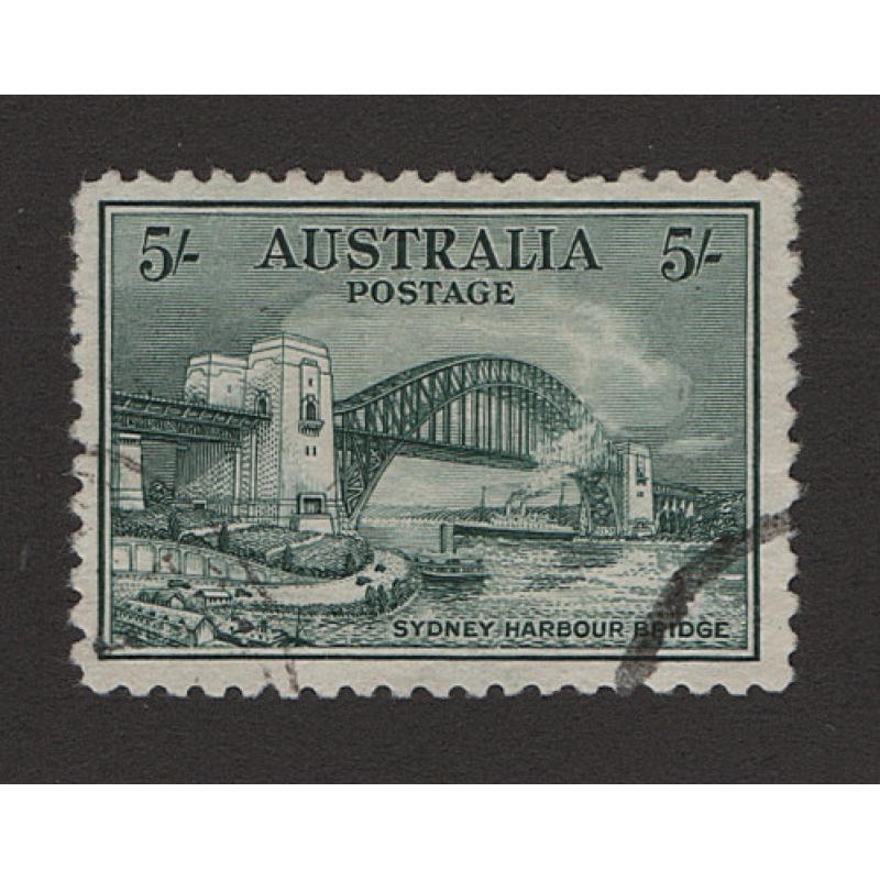 (RF1502) AUSTRALIA · 1932: used 5/- blue-green Sydney Harbour Bridge SG 143 · originally c.t.o. but gum remove and an additional "postmark" added · ideal for the collector "on a budget" · c.v. £225 (2 images)