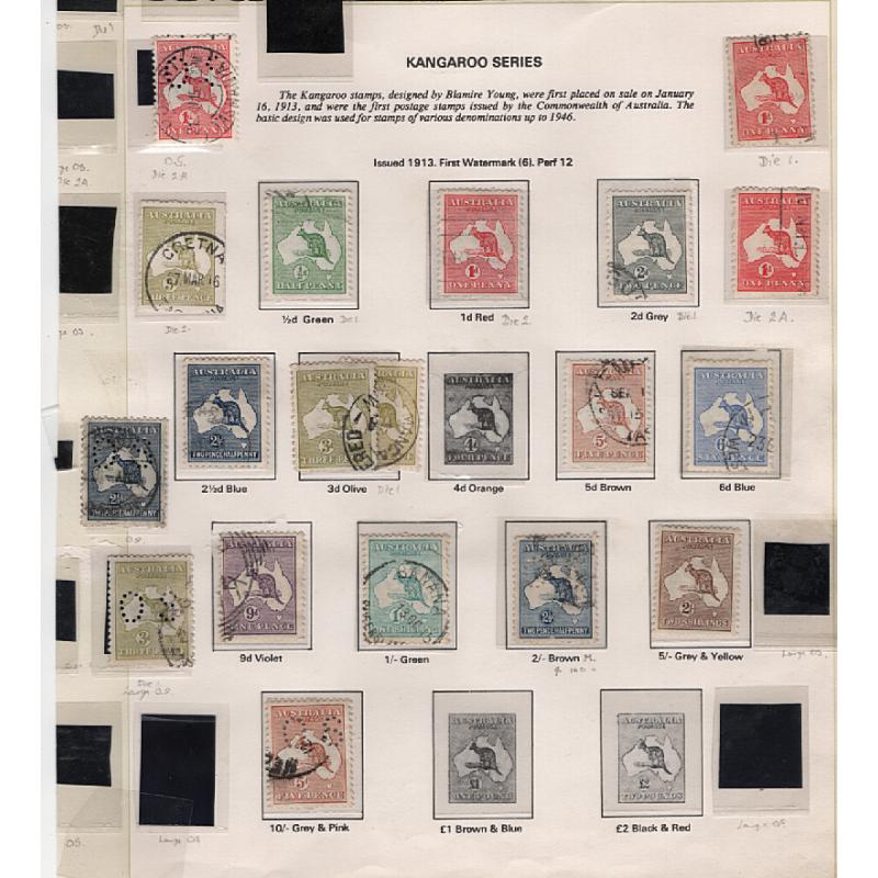 (RF1511L) AUSTRALIA · 1913/45: mainly used Roos to 5/- (4) on Seven Seas pages in a mixed condition · includes officials · occasional modest picking · 70 stamps (4 images)