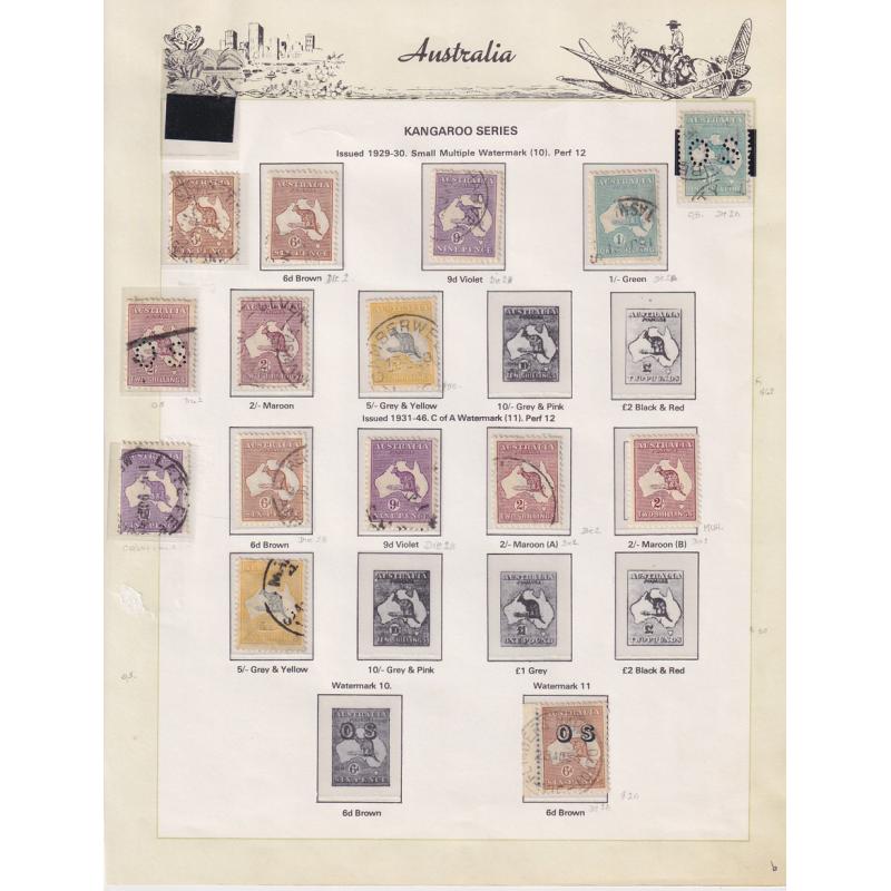 (RF1511L) AUSTRALIA · 1913/45: mainly used Roos to 5/- (4) on Seven Seas pages in a mixed condition · includes officials · occasional modest picking · 70 stamps (4 images)