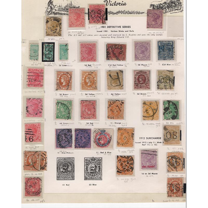 (RF1512L) VICTORIA · 1857/1912: mainly used collection of 125 stamps on Seven Seas pages in a very mixed condition · some MNG · occasional modest "picking" · some fiscals and fiscally used, p/dues, etc. (10 images)