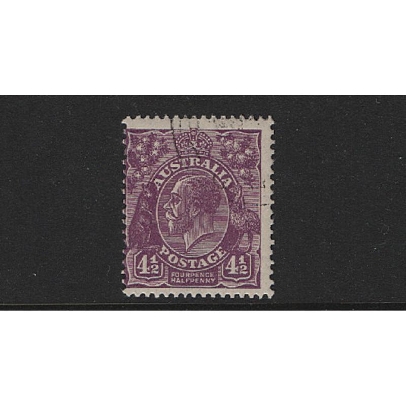 (RF1513) AUSTRALIA · 1931: c.t.o. Die 2 4½d viiolet KGV defin BW 121A · o/c to left with a natural gum inclusion · c.v. AU$140 (2 images)