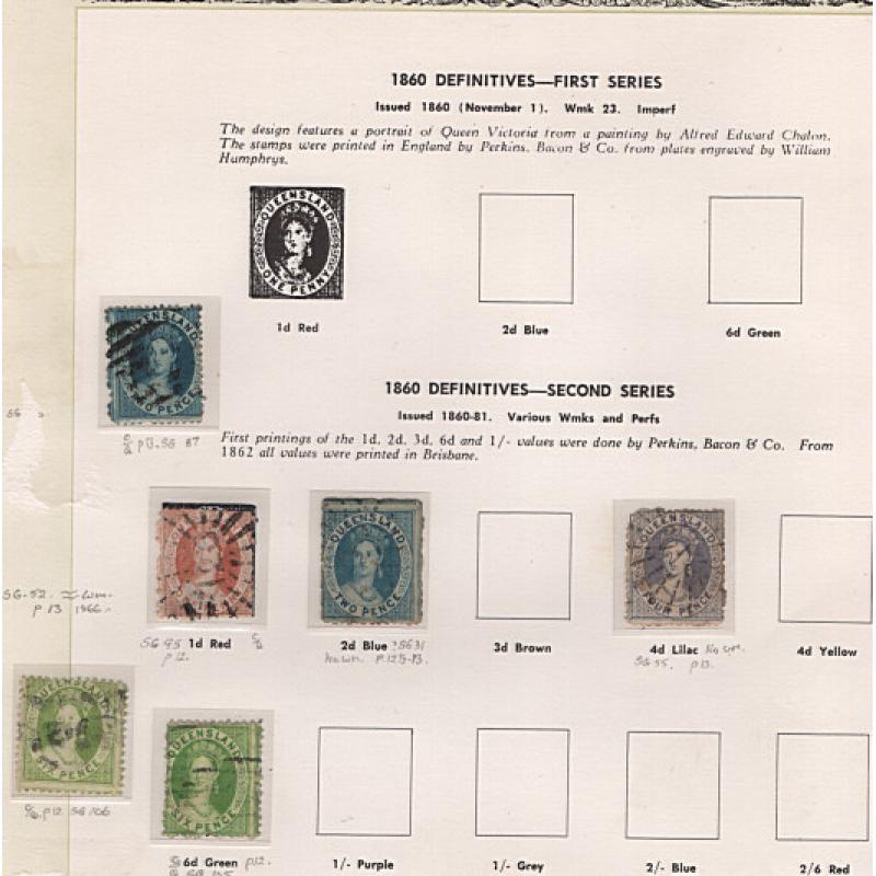 (RF1516L) QUEENSLAND · used range on Seven Seas pages including postal fiscals to 10/-, a few revenues and the occasional "modest picking" · 50+ stamps in a mixed condition (5 images)