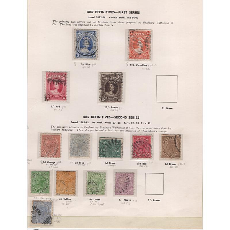 (RF1516L) QUEENSLAND · used range on Seven Seas pages including postal fiscals to 10/-, a few revenues and the occasional "modest picking" · 50+ stamps in a mixed condition (5 images)