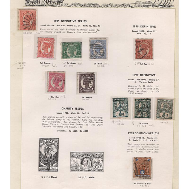 (RF1516L) QUEENSLAND · used range on Seven Seas pages including postal fiscals to 10/-, a few revenues and the occasional "modest picking" · 50+ stamps in a mixed condition (5 images)