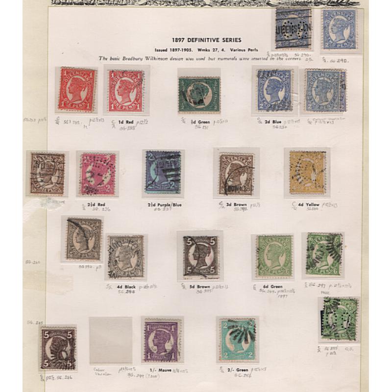 (RF1516L) QUEENSLAND · used range on Seven Seas pages including postal fiscals to 10/-, a few revenues and the occasional "modest picking" · 50+ stamps in a mixed condition (5 images)