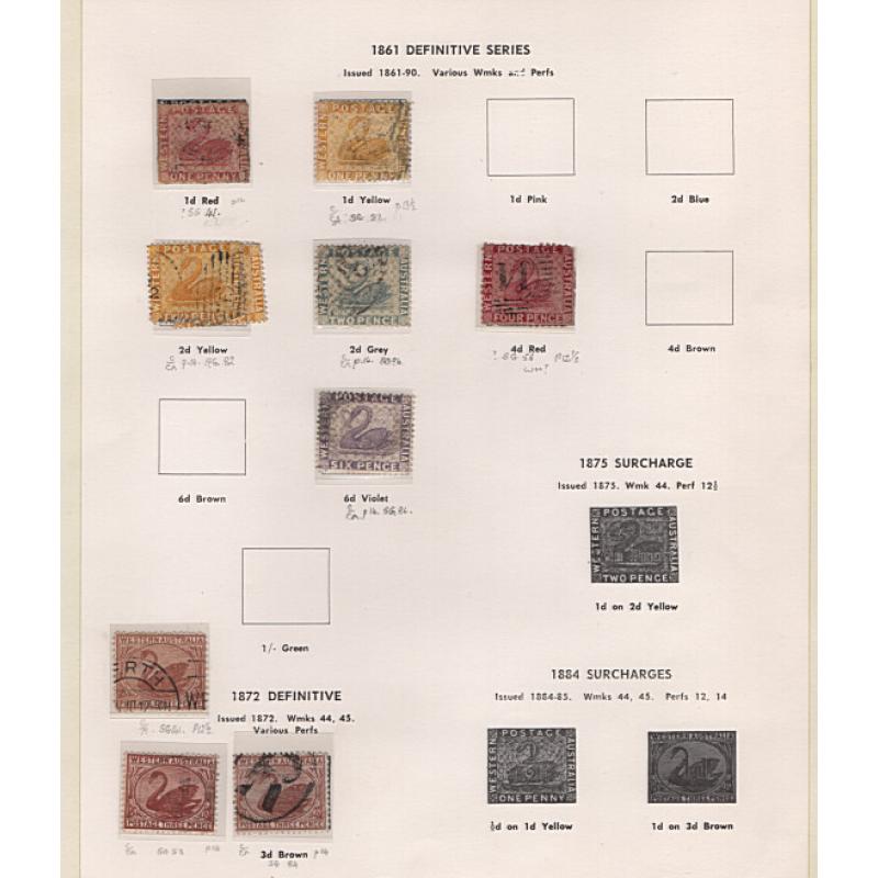 (RF1518L) WESTERN AUSTRALIA · 1860s/1900s: mainly used assembly of 37 stamps on Seven Seas pages in a mixed condition · occasional useful item · some postal fiscals and with values to 2/6d (3 images)