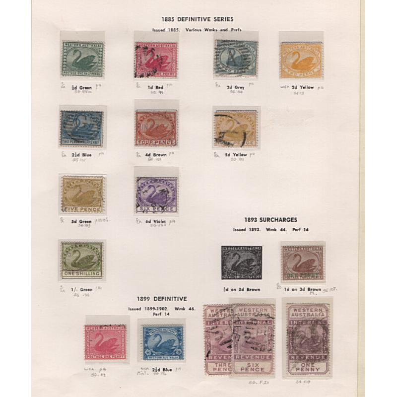 (RF1518L) WESTERN AUSTRALIA · 1860s/1900s: mainly used assembly of 37 stamps on Seven Seas pages in a mixed condition · occasional useful item · some postal fiscals and with values to 2/6d (3 images)