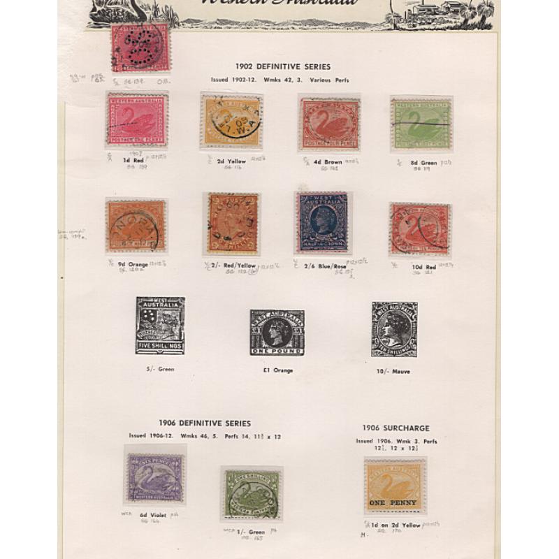 (RF1518L) WESTERN AUSTRALIA · 1860s/1900s: mainly used assembly of 37 stamps on Seven Seas pages in a mixed condition · occasional useful item · some postal fiscals and with values to 2/6d (3 images)